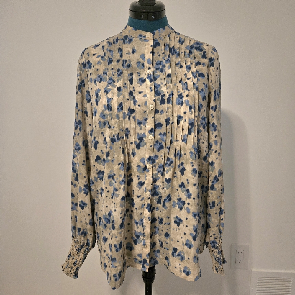 NYDJ Blue and Cream Pintuck Blouse